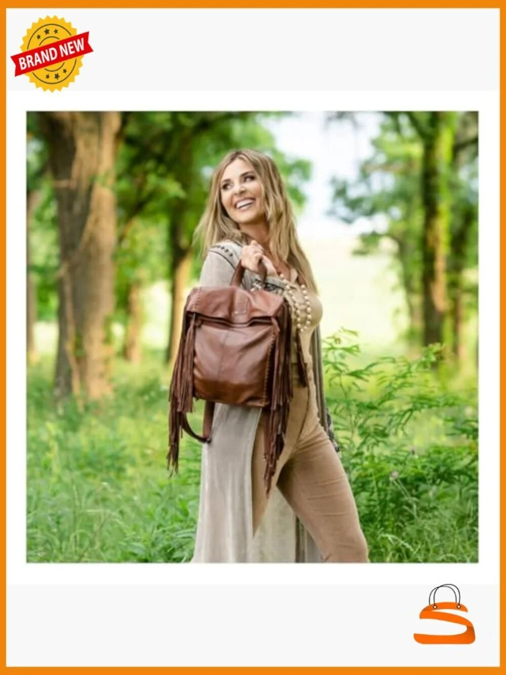 Genuine Leather Fringe Backpack Handbag, Laptop Compatible, 13